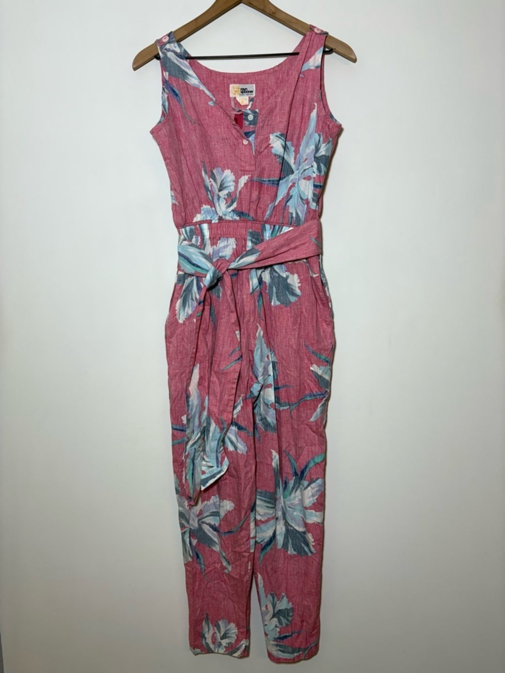 Vtg Reyn Spooner Tropical Hawaiian Jumper Jumpsuit Pink floral Sleeveless Belted